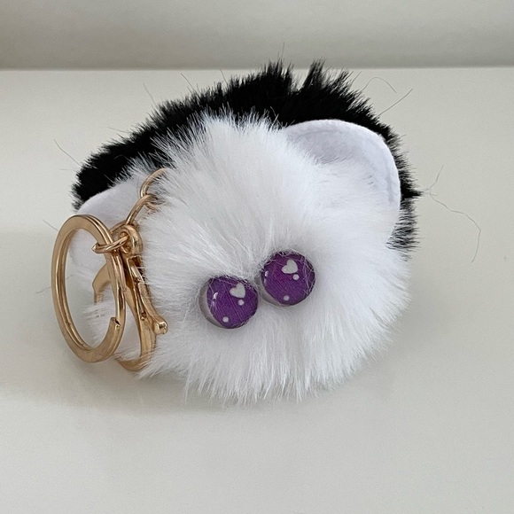 Black & White Character Fluffy Pom Pom Keychain Accessory with Purple Heart Eyes - Picture 8 of 12